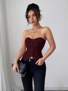 Top corto sin mangas con botones delanteros y estampado de pata de gallo, para uso en oficina o viajes, de moda para el verano - Burdeos - Ver 3