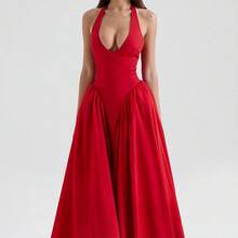Elegant Women's Party Dress, New Spring Collection, V-Neck With Halter Straps, Sensual Style - 紅色 - 查看 6