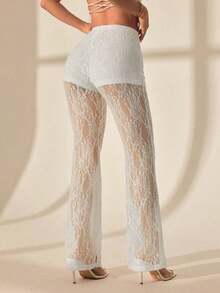 Pantalones de vacaciones de cintura alta de encaje y punto campana para mujer - Blanco - Ver 2