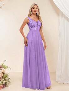Vestido de dama de honor formal de línea A con escote en V sin mangas, bordado y de malla, vestido de fiesta elegante, vestido de invitado de boda formal, vestido de ceremonia de graduación, vestido de noche de primavera - Púrpura malva - Ver 8