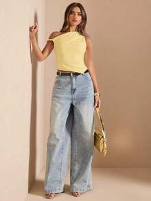 Blusa de verano para vacaciones en la playa, elegante, con hombros descubiertos y cuello asimétrico, para conciertos, actuaciones, festivales de música, conciertos, country, clubes, nuevos estilos sexy de primavera y verano - Amarillo - Ver 3