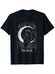 Camiseta para Amantes de Gatos Tarot - Diseño de Silueta de Gato con Luna y Estrellas Misteriosas y Patrón Floral - 100% Algodón Puro, Suave, Unisex - Regalo de Navidad, Acción de Gracias o Cumpleaños para Mamá, Papá, Amigos - Negro - Ver 6
