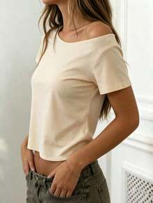 Camiseta casual de uso diario con hombro asimétrico de unicolor para mujer - Blanco 3 - Ver 3