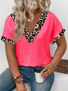 Selamara Camiseta casual y versátil con estampado de leopardo para mujer de talla grande, nueva llegada de primavera/verano - Rosa - Ver 4