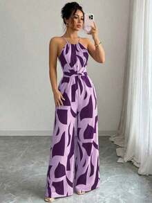 Mono de tela estampada con envolvente frontal para mujer, diseño que define la cintura para usar en ocasiones elegantes, ya sea de fiesta o diario - Morado - Ver 5