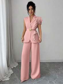 Traje formal elegante de mujer color albaricoque, conjunto de blazer con cuello de volantes de organza con lentejuelas y cintura con lazo, que incluye chaqueta sin mangas y pantalones rectos, color burdeos, adecuado para Halloween, Navidad, - Rosa Pálido - Ver 5