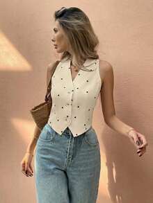 Camisa informal sin mangas para mujer, moda minimalista para uso diario - Caqui - Ver 1