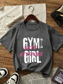 Playeras de Mujer Cuello Redondo Manga Corta, Camiseta con Estampado de Moda Actual, Tops Básicos Casuales - Gris Oscuro - Ver 1