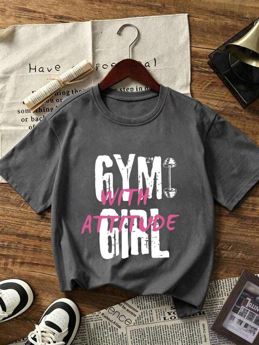 Playeras de Mujer Cuello Redondo Manga Corta, Camiseta con Estampado de Moda Actual, Tops Básicos Casuales - Gris Oscuro - Ver 1