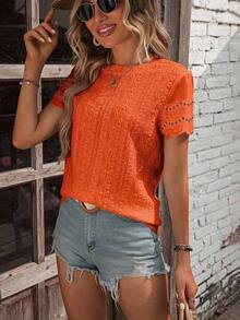 Camiseta casual de mujer de manga corta, cuello redondo, con decoración de estampado quemado y bordado - Naranja - Ver 7