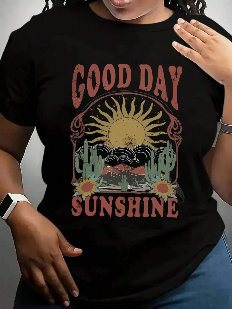 Women's Short-Sleeved T-Shirt With Vintage "Good Day Sunshine" Print, Casual Black Round Neck T-Shirt, Elastic, Machine Washable, Suitable For Sports And Leisure In Spring/Summer/Autumn. - 黑色 - 查看 1