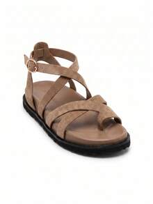 Giày Soraia, Sandal đế bằng nữ với quai chéo, chi tiết mũi giày và khóa điều chỉnh ở mắt cá chân - Phong cách thường ngày và phóng khoáng cho mùa hè - Màu be - Xem 2