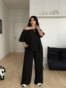 Conjunto de dos piezas de camiseta hombros descubiertos y pantalón ancho de chándal para mujer talla grande, minimalista, ropa de calle, uso diario, salir, deporte, cómodo - Negro - Ver 9