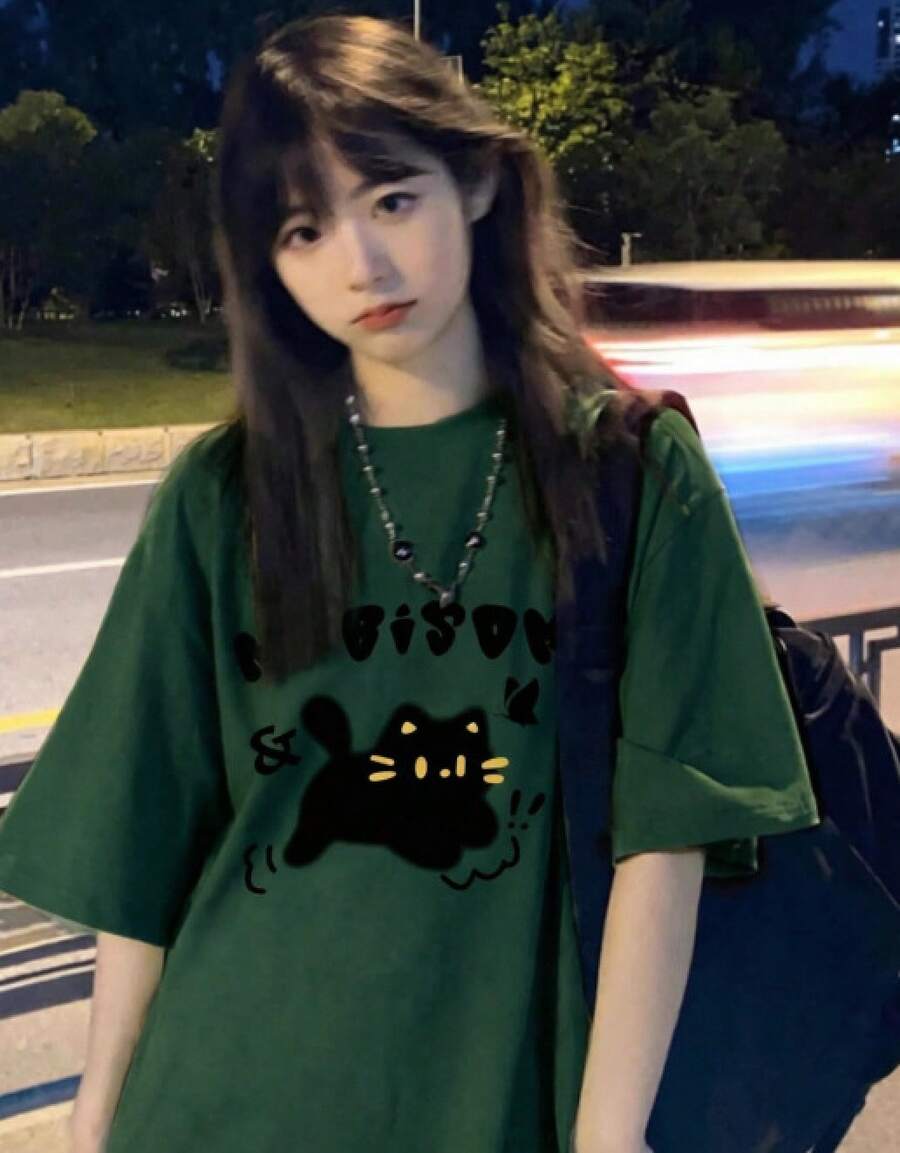 Women's Heavyweight Pure Cotton Green Short-Sleeved T-Shirt, Summer Style, Hong Kong Style, Loose Fit, Plus Size, Petite Size, American Urban Fashion Top. - 墨綠色 - 查看 1