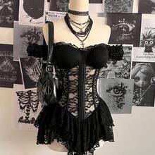 Women's Casual Retro Corset Lace Bodycon Asymmetrical Hem Mini Dress, Suitable For Y2K,Summer Dresses For Women - Blanco - Ver 8