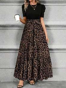 YHHVestido de línea A de Keke Bloomly para mujer, elegante manga abullonada con detalle de lazo en la cintura, cuello redondo, lavable a máquina, casual y semi-formal, tela ligera, estampado de leopardo, para primavera y vacaciones de veranoYHH - Caqui - Ver 7