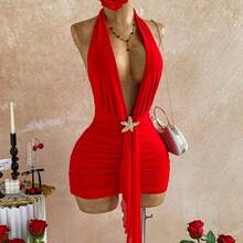 Party Dresses For Women Summer Outfits Red Dresses For Women Carnival Women Valentine Outfits For Women Ruffle Trim Backless Tie Neck Bodycon Mini Dress For Women - Azul - Ver 6