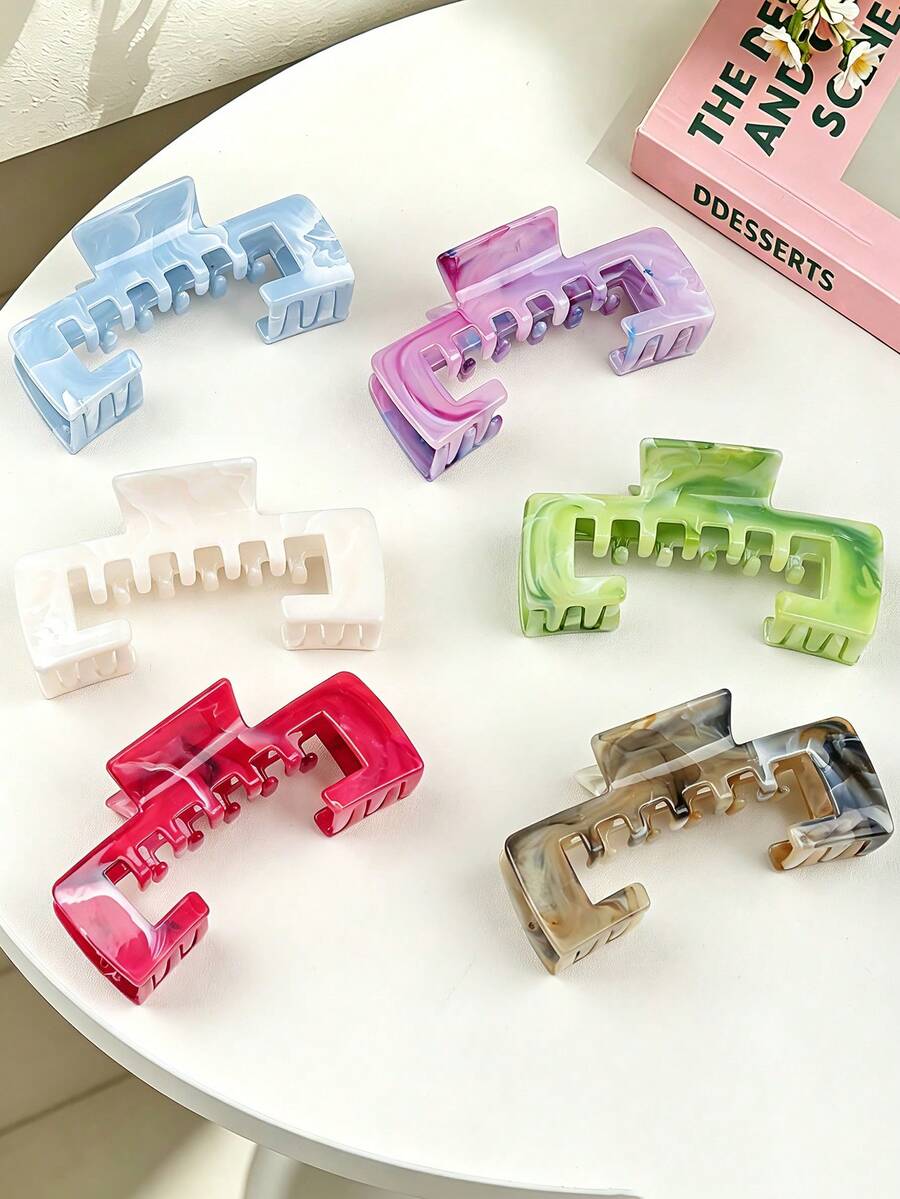 1pc Minimalist Fresh Marble Pattern Notched Square Hair Claw Clip With Hat, Suitable For Thick Hair Summer Hair Accessories - Multicolor - View 1