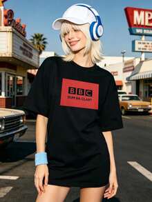 Vintage Women's White Y2K T-Shirt, 100% Cotton Soft Crew Neck Short Sleeve, 90s Retro Streetwear Oversized Top - Black - View 3