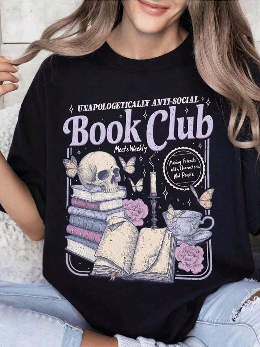 Mujeres Antisocial Libro Club Camiseta Cráneo Libros, Taza de té Y Rosa Patrón Literario Imprimir Camisa Introvertido Lector, Libro Amante Exclusivo Blanco Superior Informal Diario Desgaste, Retro Estilo Diseño, Alta Calidad Pri Máquina Lavable Halloween Navidad Regalos Ropa Fresca de Verano para Mujer - Negro - Ver 1