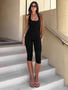 Women's Basic Solid Color Slimming Clothing For Sports And Leisure, Halter Neck And Mid-Length Pants - 黑色 - 查看 1