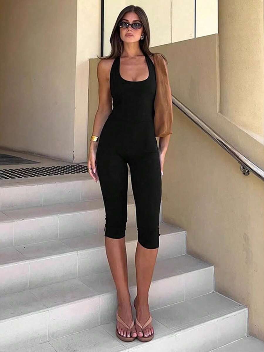 Women's Basic Solid Color Slimming Clothing For Sports And Leisure, Halter Neck And Mid-Length Pants - 黑色 - 查看 1
