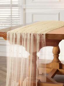 1pc (100cm X 160cm / 3.28ft X 5.25ft) Multi-Color Faux Pearl Transparent Mesh Table Runner, Wedding Table Decoration, Transparent Table Runner With Faux Pearl Decor, Romantic Table Setting, Wedding Party Decoration, Bohemian Wedding Style, Elegant Home Textile, Elegant Wedding Reception, Holiday Feast Table Setting, Photo Backdrop Decoration - Champagne Pearl - View 7