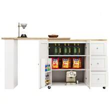 360° Rotating Bar Table (135-203 X 39 X 106 Cm) With Wheels, White, With Three Drawers. Includes Snack Rack. Multifunctional Storage Island, Ideal For Kitchen And Living Room. - 白色 - 查看 9