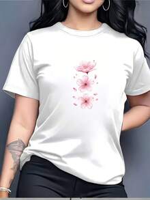 Camiseta Deportiva Casual para Mujer en Blanco con Estampado Floral Rosa - Camiseta Elástica de Cuello Redondo, Lavable aáquina, Ajuste Cómodo para Todas las Estaciones, para Combinar con Pantalones Negros, Perfecta para el Uso Diario y Actividades Informales. - Blanco - Ver 7