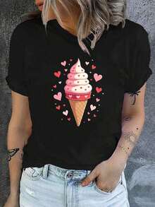 Under The RadarCamiseta casual de manga corta y cuello redondo con estampado de cono de helado suave, perfecta para verano y primavera, diseñada para mujer-Vintage Street Style Unisex Loose Cotton Short Sleeve Crew Neck T-Shirt - Negro - Ver 1