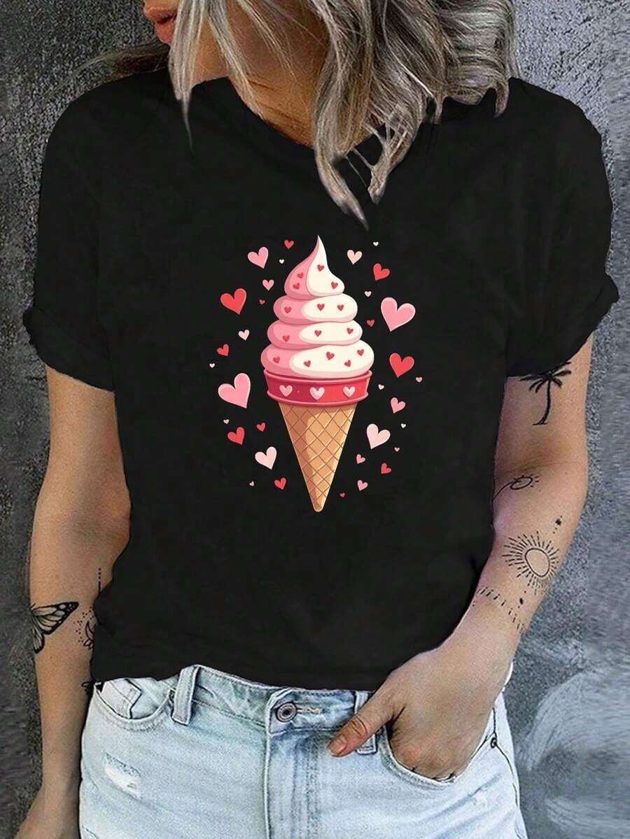 Under The RadarCamiseta casual de manga corta y cuello redondo con estampado de cono de helado suave, perfecta para verano y primavera, diseñada para mujer-Vintage Street Style Unisex Loose Cotton Short Sleeve Crew Neck T-Shirt - Negro - Ver 1