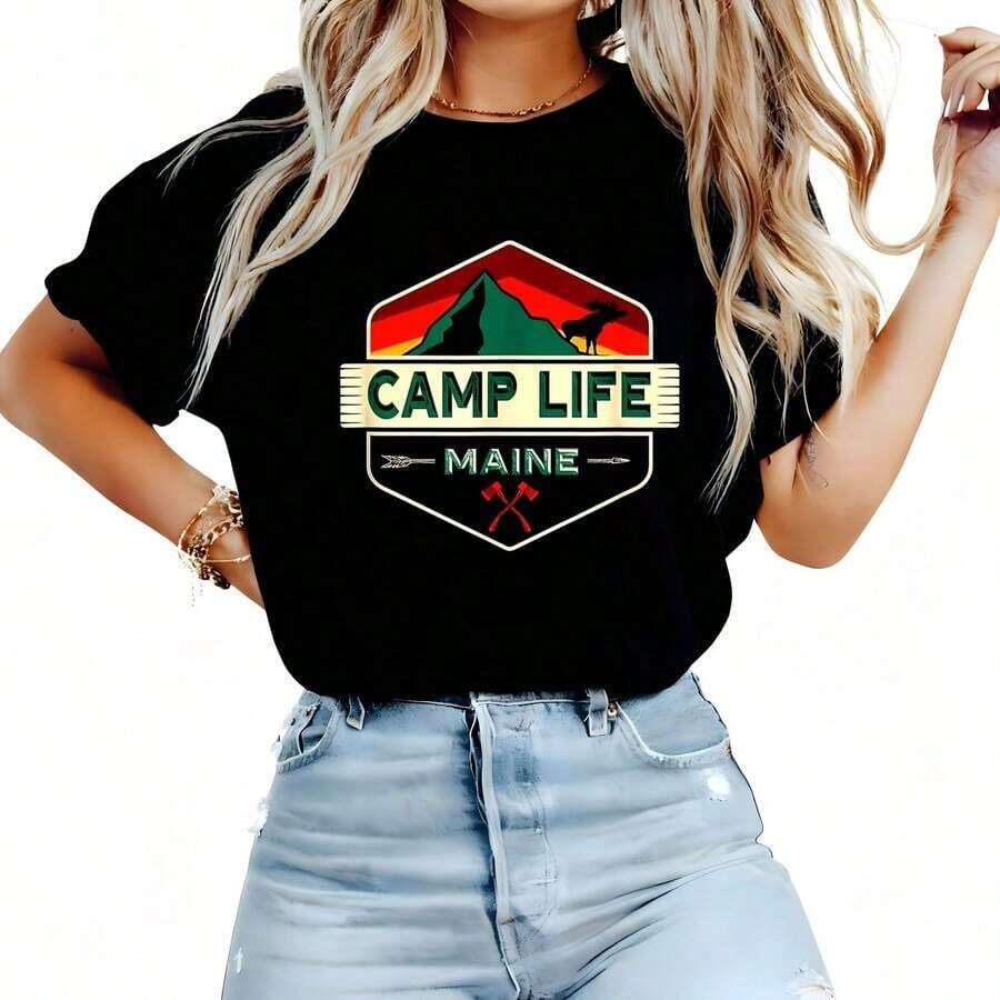Camiseta Maine Camp 220 g Camiseta de algodón grueso para hombre - Calidad y tacto agradable - Adecuada para todas las personas, ya sean mujeres u hombres - Tejido duradero de alta calidad apto para todas las estaciones, suave al tacto pero hecho para durar - Tops transpirables - Conjuntos de otoño para mujer - Conjuntos de vacaciones para mujer - Disfraz de Halloween para mujer - Negro - Ver 1