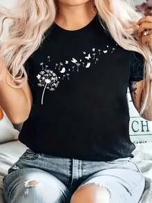 Women's Vintage-Inspired Geometric Print T-Shirt - Casual Crew Neck, Short Sleeve, Polyester Blend, Machine Washable - Perfect For Summer - Black - View 1