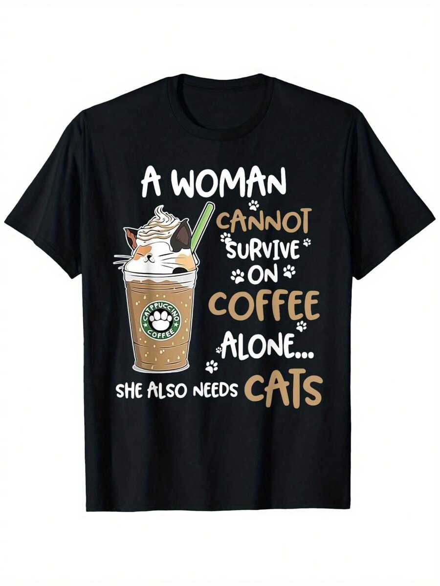 Y2K Women's T-Shirt With Funny Cat And Coffee Design - Slogan: "Coffee Can't Satisfy A Woman's Needs, She Also Needs Cats," Soft Fabric, Loose And Casual Fit, With Cat And Coffee Cup Designs, Machine Washable Casual Wear, Suitable For Cat Lovers, Graphic Print, Summer Streetwear. - 黑色 - 查看 1
