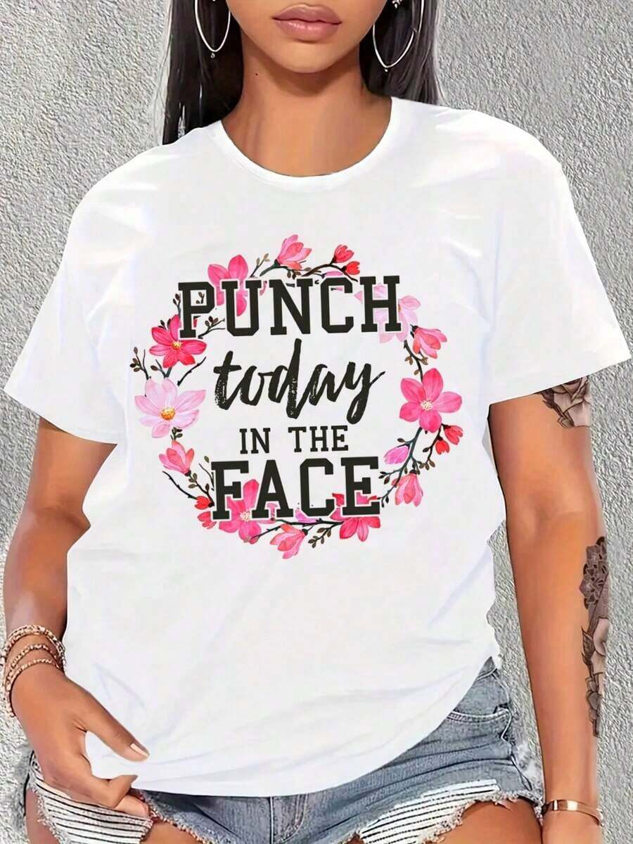 Women's Floral Print T-Shirt "Punch Today In The Face", Oversized Black Top, Summer Casual Wear, Motivational Slogan T-Shirt For Everyday Outfits, Women's T-Shirt - 白色 - 查看 1