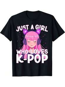 Playera de mujer de manga corta con cuello redondo, con estampado de chica anime K-Pop, corte regular, casual diario. - Negro - Ver 6