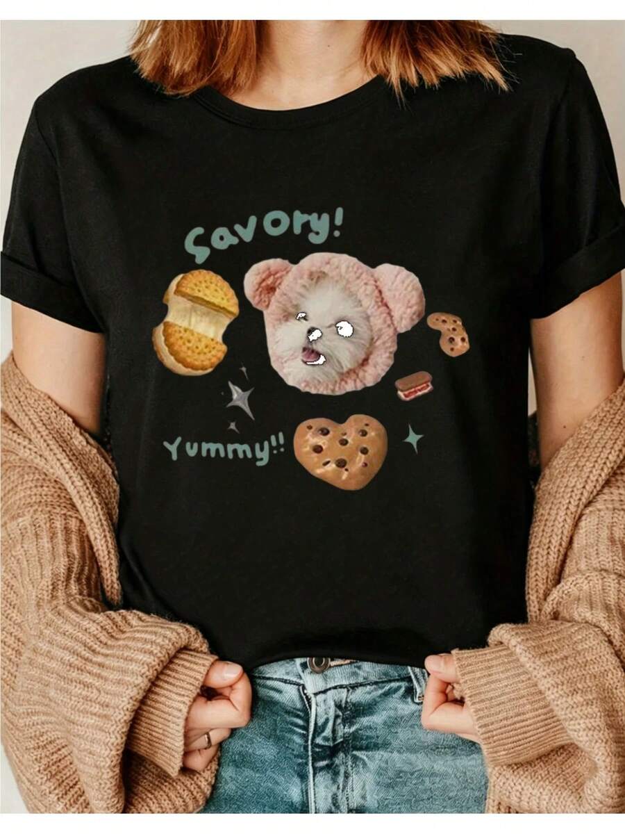 Soft And Modern Loose-Fitting Short-Sleeved T-Shirt For Women, With Letter Print 2I01, Round Neck, Suitable For All Seasons, Casual And Versatile, Elegant Blouses For Women. - 黑色 - 查看 1