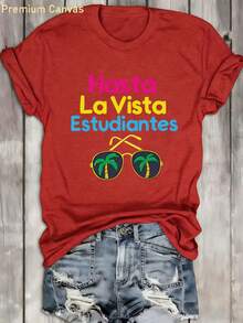 1 pieza Camiseta de verano Hasta La Vista - Camiseta estampada 100% absorbente de sudor y transpirable, con estampado de gafas tropicales, regalo para el Día de la Madre, camiseta de mujer con cuello redondo para vacaciones en la playa y surf, top casual negro de manga corta, adecuada para vacaciones, 180g Algodón 100%. - Blanco - Ver 11