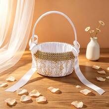 Wedding Flower Girl Baskets With Pearl Decor White Bow Flower Baskets For Wedding Ceremony - Gold - View 1
