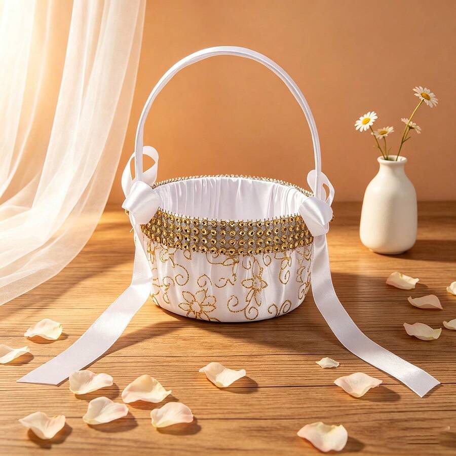 Wedding Flower Girl Baskets With Pearl Decor White Bow Flower Baskets For Wedding Ceremony - Gold - View 1