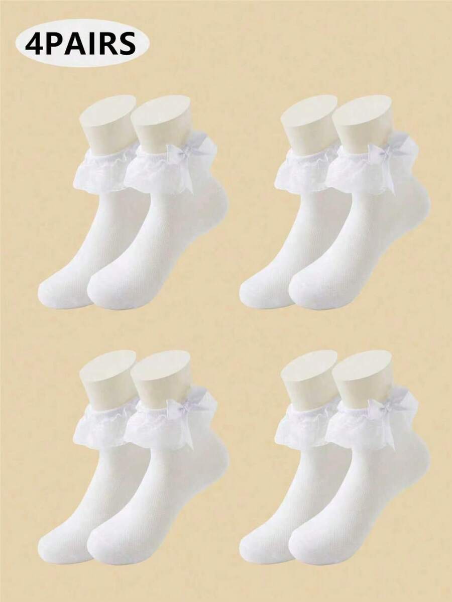 4 Pairs Lace Bow Ruffle Cute Princess Style Short Socks Breathable Cotton Socks For Girl White - White - View 1