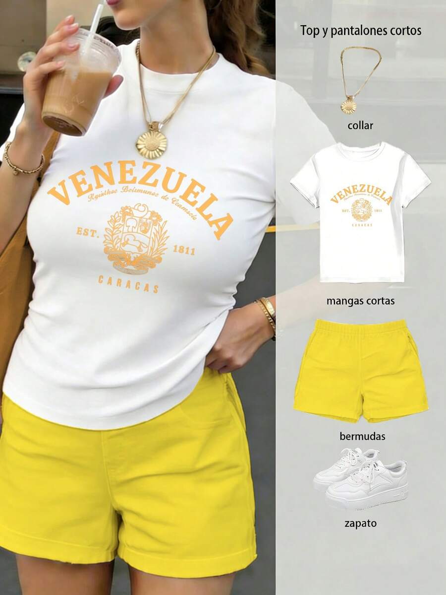 Conjunto de blusa y pantalones cortos para mujer, artesanía de estampado térmico de alta definición, patrón de emblema vintage y letras, combinación de blanco y naranja estilo sencillo - Camiseta blanca + pantalón corto amarillo - Ver 1