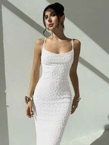Elegante vestido largo ajustado con escote drapeado de tirantes tipo espagueti, con detalle de pliegues y abertura, de color azul, ideal para citas, bodas, primavera/verano - Blanco - Ver 5