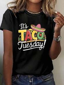 Carnival Fiesta Taco Sunshine And Smile Printed T-Shirt, 100% Cotton, Short Sleeve, Round Neck, Casual Style, Breathable Cotton T-Shirt For Women, Spring/Summer, Goes With Everything, Positive Attitude - 黑色 - 查看 1