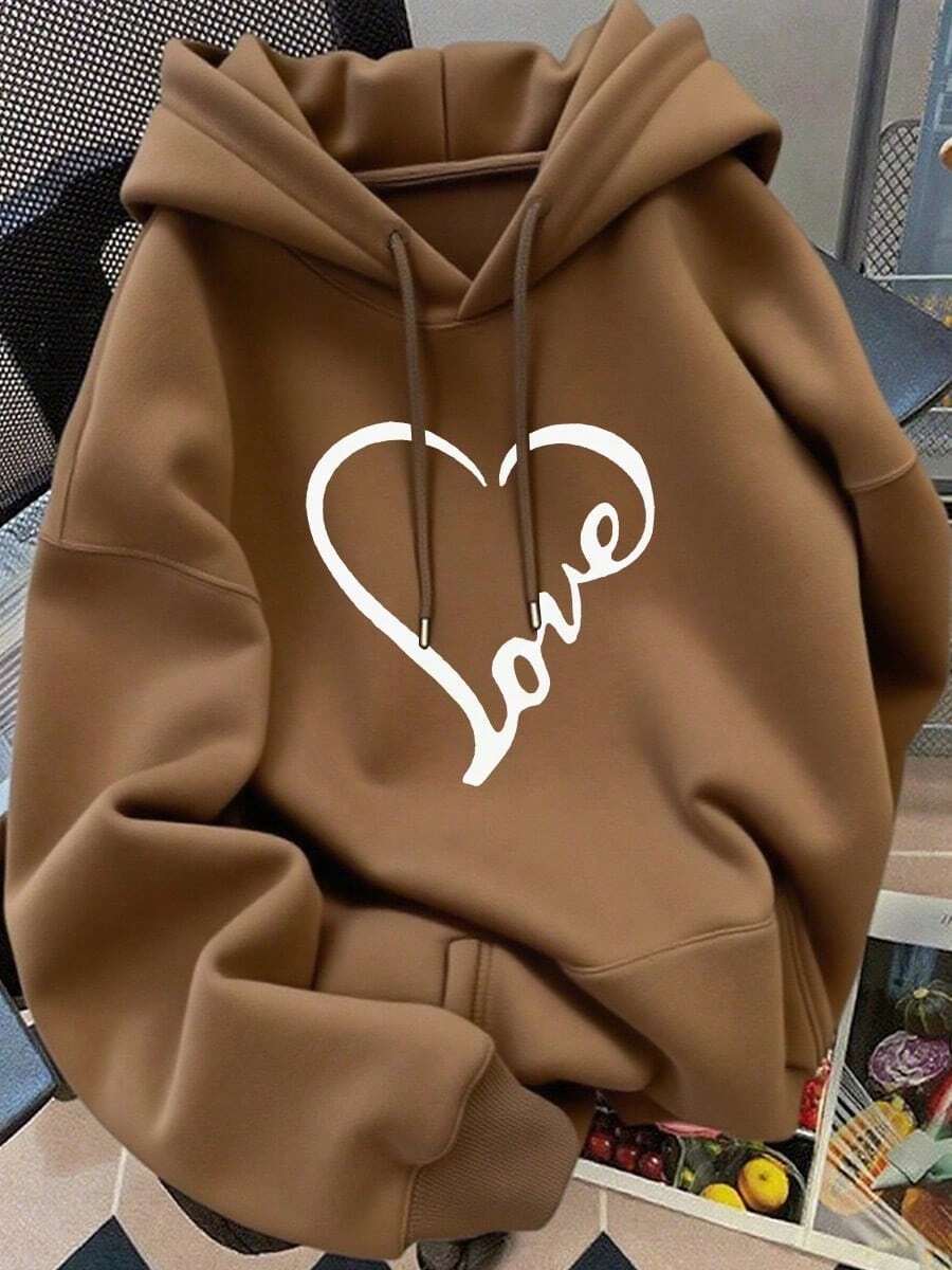 Women's Drawstring Hoodie With LOVE Heart Print - Brown - View 1