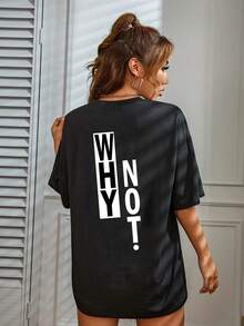 Women's Casual T-Shirt, European And American Style, Simple, Round Neck, Short Sleeves, Loose Fit, With Letter Print. Suitable For Elegant Party Outfits, Stylish Ladies, Blouses For Curvy Women, Prom Skirts, And Casual Wear. - 黑色 - 查看 6