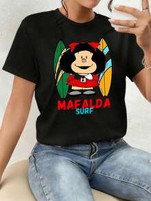 Colorful Illustration Of A Smiling Girl With A Surfboard Conveying Joy And Beach Energy. Comfortable And Modern Double-Sided Women's T-Shirt, Comfortable Clothing. - 黑色 - 查看 7