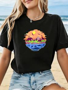 Women's Plus Size Essential Casual T-Shirt With Natural And Wild Style And  Animal Print, Spring/Summer, For Outdoor Adventures, Zoo/Aquarium, Unique Style, Short Sleeve, For Travel, Photos, Casual Atmosphere, Soft Cotton, Everyday Wear - 黑色 - 查看 7