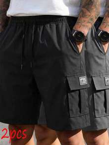 2pcs/Set Men's Multi-Functional Work Utility Shorts Hiking, Gym - Non-Stretch Fabric Tool Pockets, Daily Wear - Sports - Multicolor - View 1