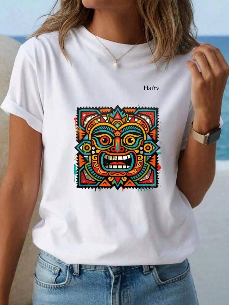Limited Time Offer, Limited Quantity Available, Flash , Women's Shirts, Women's T-Shirts. Women's Oversized White T-Shirt, Short Sleeve, Round Neck, Mask Print, Mexican Culture, Casual Style For Everyday Wear - 白色 - 查看 1
